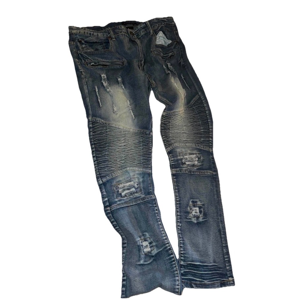 M.Society Men's Moto Biker Jeans 38x32 Distressed Destroyed Slim Fit Blue Denim
